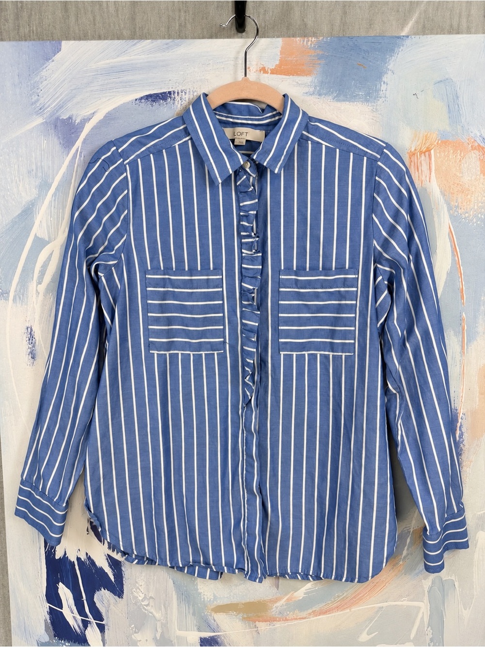 LOFT Blue Striped Ruffle Button Down Shirt Blouse S Cotton Pocket Career